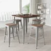 Merrick Lane 5 Piece Bar Table And Stools Set With 31.5" Square Silver Metal Table With Wood Top And 4 Matching Bar Stools