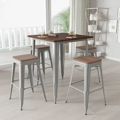 Merrick Lane 5 Piece Bar Table And Stools Set With 31.5" Square Silver Metal Table With Wood Top And 4 Matching Bar Stools 3 Merrick Lane 5 Piece Bar Table And Stools Set With 31.5" Square Silver Metal Table With Wood Top And 4 Matching Bar Stools