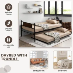 Costway Twin 2-In-1 Daybed Frame With Trundle Bed Set Steel Platform Sofa Bed Black -Furniture Store GUEST 9cff8a64 03ba 49e9 9437 42d88358e946