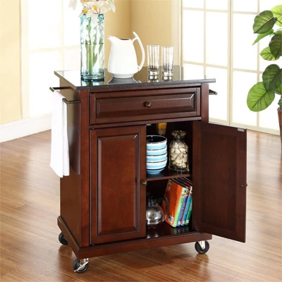 Wood Solid Black Granite Top Kitchen Cart In Mahogany Brown - Pemberly Row 4 Wood Solid Black Granite Top Kitchen Cart In Mahogany Brown - Pemberly Row - Image 2