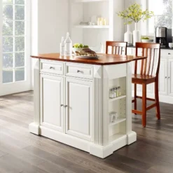 Coventry Drop Leaf Top Kitchen Island With 2 School House Stools White - Crosley