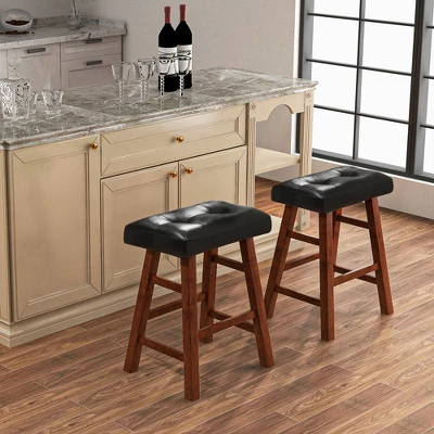 Costway Set Of 2 Upholstered Barstools 24''/29'' Backless Rubberwood Dining Chairs Black&Brown 3 Costway Set Of 2 Upholstered Barstools 24''/29'' Backless Rubberwood Dining Chairs Black&Brown