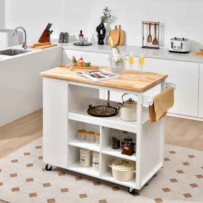 Costway Kitchen Island Trolley Cart On Wheels With Storage Open Shelves & Drawer White/Brown 3 Costway Kitchen Island Trolley Cart On Wheels With Storage Open Shelves & Drawer White/Brown