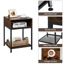 Costway Industrial Nightstand End Side Table W/ Compartment & Mesh Shelf Rustic Brown -Furniture Store GUEST b698aca0 af1c 4b45 8d9f fef1eb56398c
