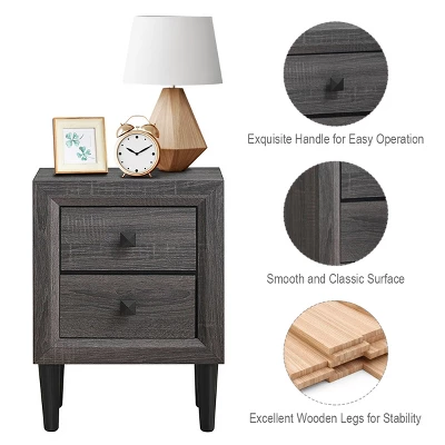 Costway Nightstand W/2 Drawers Multipurpose Retro Grey Bedside Table Fully Assembled 10 Costway Nightstand W/2 Drawers Multipurpose Retro Grey Bedside Table Fully Assembled - Image 8
