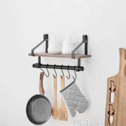 6 Hook Amelia Wall Shelf With Hanging Rod Black/Rustic - Danya B.