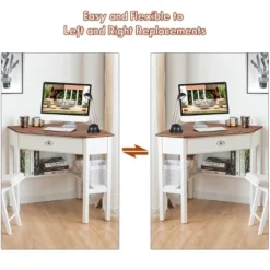 Costway Triangle Computer Desk Corner Office Desk Laptop Table W/ Drawer Shelves Rustic Natural &White -Furniture Store GUEST ca8670f0 592b 49a2 abea 11cf6bbd423e