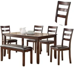 6pc Rubber Wood Dining Set Brown - Benzara