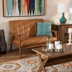 Nikko Mid-Century Faux Leather Upholstered Wood Loveseat Walnut/Brown - Baxton Studio -Furniture Store GUEST d1496ae9 9e7b 4c99 a39c b224c1b080f8