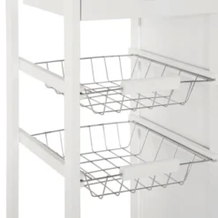 HOMCOM 28" Rolling Kitchen Trolley Serving Cart Storage Cabinet Bamboo Top With Wire Basket & Door Cabinet & Drawers, White -Furniture Store GUEST d5c780cf b4a7 468b 8b30 6c453c5686fd