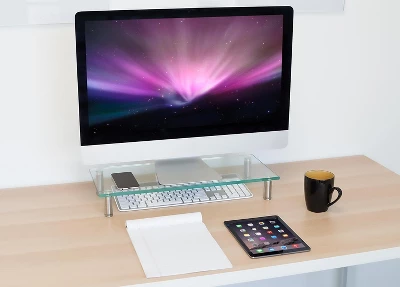 Mount-It! Clear Glass Monitor Stand Computer Desktop Riser, Tempered Glass, Fits 24, 27, 30, 32 Inch Screens, 66 Lbs. Capacity 4 Mount-It! Clear Glass Monitor Stand Computer Desktop Riser, Tempered Glass, Fits 24, 27, 30, 32 Inch Screens, 66 Lbs. Capacity - Image 2