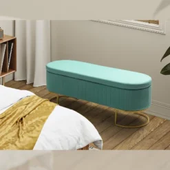 Nuria 50" Wide Modern Upholstered Flip Top Storage Bench With Golden Metal C-shaped Sled Legs For Living Room | ARTFUL LIVING DESIGN -Furniture Store GUEST d6460dcf b332 4c40 9acb 4d1ef435d994