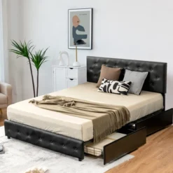 Costway Upholstered Platform Bed W/ 4 Drawers PU Leather Button Tufted Headboard -Furniture Store GUEST d8cb1442 70fa 4251 89e8 34aeae55f9f9