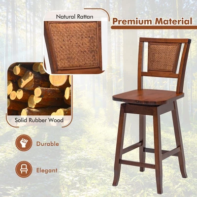 Costway Set Of 2/4 Swivel Bar Stools Counter Height Rubber Wood Pub Chairs W/ Rattan Back 7 Costway Set Of 2/4 Swivel Bar Stools Counter Height Rubber Wood Pub Chairs W/ Rattan Back - Image 5
