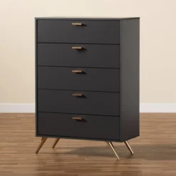 Kelson Wood 5 Drawer Chest Dark Gray/Gold - Baxton Studio -Furniture Store GUEST e1dfb15f d099 42b3 a778 bb69e81ad295