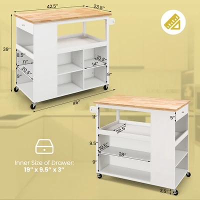 Costway Kitchen Island Trolley Cart On Wheels With Storage Open Shelves & Drawer White/Brown 4 Costway Kitchen Island Trolley Cart On Wheels With Storage Open Shelves & Drawer White/Brown - Image 2