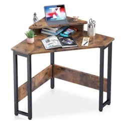 ODK Modern Wooden Triangle Corner Fit Computer Workstation Desk With Durable Steel Frame And Raised Monitor Stand -Furniture Store GUEST e73bf511 8241 46cd b29d ec09df2ccc15