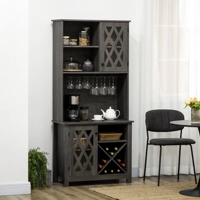 HOMCOM 72" Kitchen Pantry, Buffet With Hutch, Cupboard For Microwave, With 2 Door Cabinet, Wine Glasses Rack And 12-Bottle Wine Rack, Dark Grey 3 HOMCOM 72" Kitchen Pantry, Buffet With Hutch, Cupboard For Microwave, With 2 Door Cabinet, Wine Glasses Rack And 12-Bottle Wine Rack, Dark Grey
