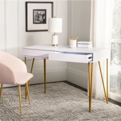 Pine Two Drawer Desk - White/Gold - Safavieh