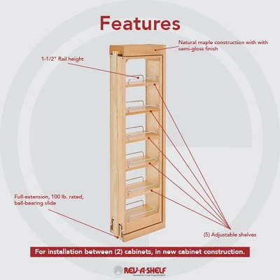 Rev-A-Shelf 432-WF42-6C 6 X 42 Inch Wooden Adjustable Pull-Out Between Cabinet Wall Filler Kitchen Storage Organizer Unit 3 Rev-A-Shelf 432-WF42-6C 6 X 42 Inch Wooden Adjustable Pull-Out Between Cabinet Wall Filler Kitchen Storage Organizer Unit