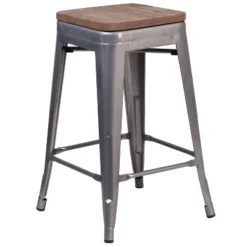 Merrick Lane Clear Coated Gray Metal Bar Counter Stool With Textured Walnut Elm Wood Seat -Furniture Store GUEST f3c3c595 a884 4a35 be8b 0b6a2866d671