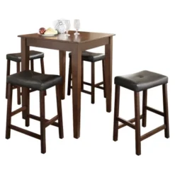 5pc Pub Dining Set With Tapered Leg And Upholstered Saddle Stools Vintage Mahogany Finish - Crosley