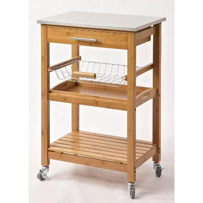 Aya Bamboo Kitchen Cart With Stainless Steel Top Natural - Boraam 3 Aya Bamboo Kitchen Cart With Stainless Steel Top Natural - Boraam