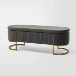 Nuria 50" Wide Modern Upholstered Flip Top Storage Bench With Golden Metal C-shaped Sled Legs For Living Room | ARTFUL LIVING DESIGN