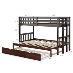 Costway Twin Over Twin Pull-Out Bunk Bed With Trundle Wooden Ladder WhiteEspresso